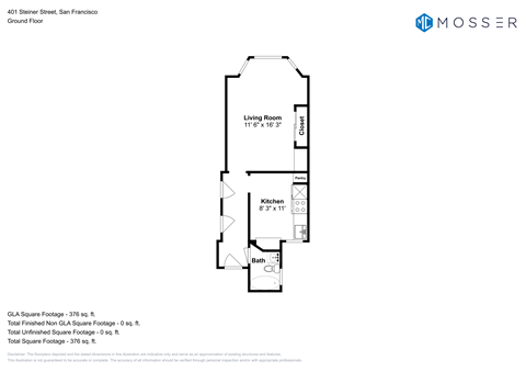 Floor plan for studio, 1 bath, 400 sqft